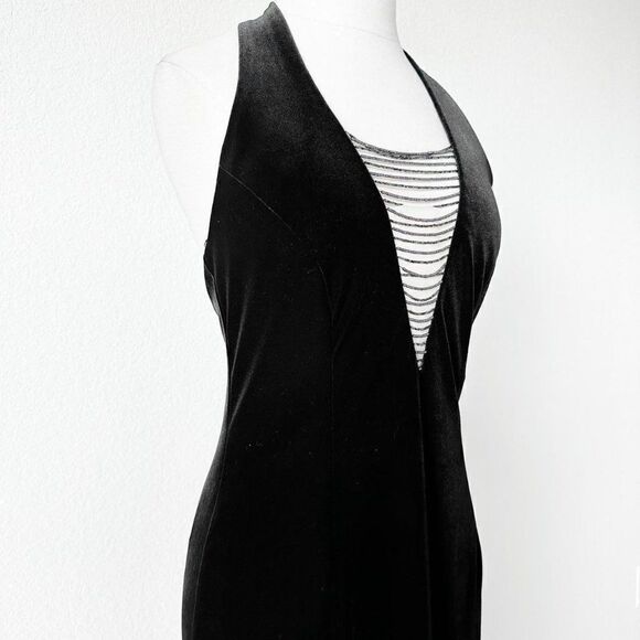 Vintage Black Velvet V-Neck Bodycon Maxi Cocktail Formal Prom Dress Size M/L - Picture 6 of 7